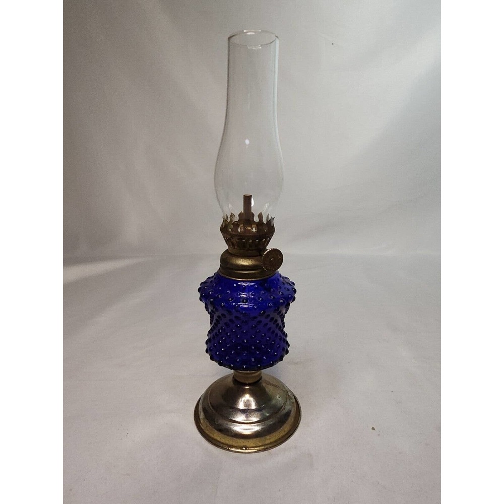 Hobnail Cobalt Blue Glass Oil Kerosene Lamp Vintage Hurricane 10" T Brass